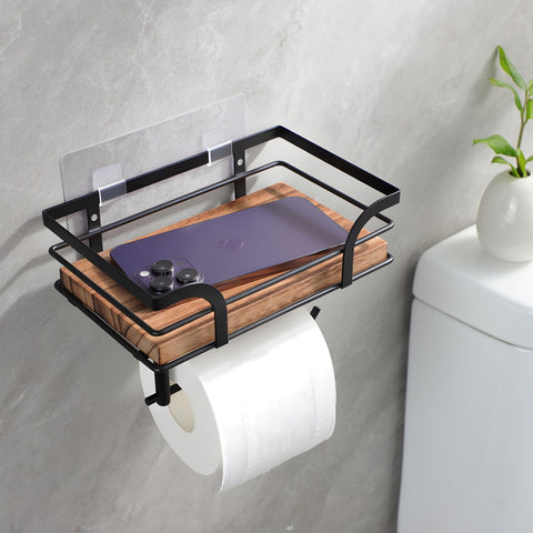 Wood-shelf toilet paper holder by YIGII adds practical bathroom storage.