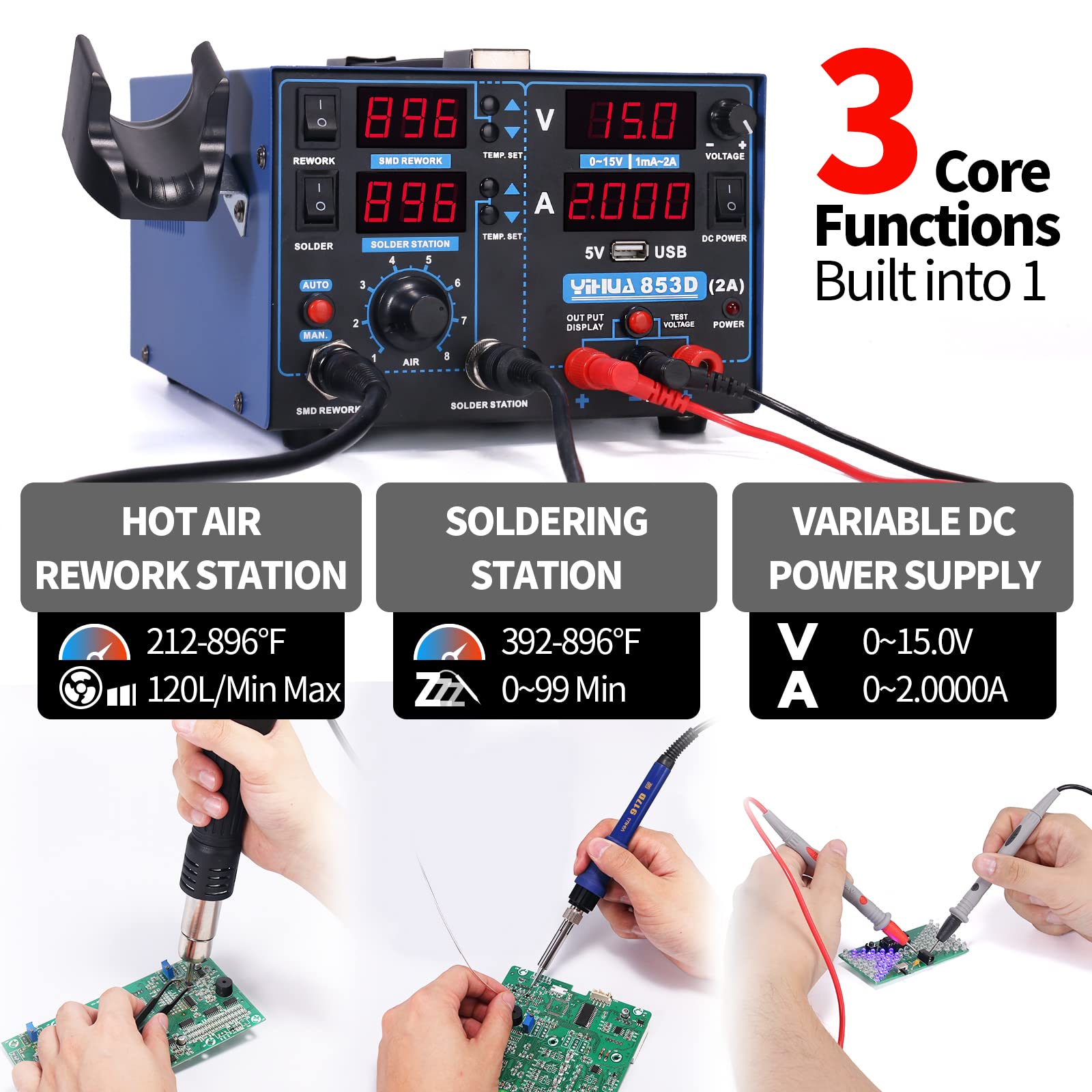YIHUA 853D hot air rework with adjustable airflow.