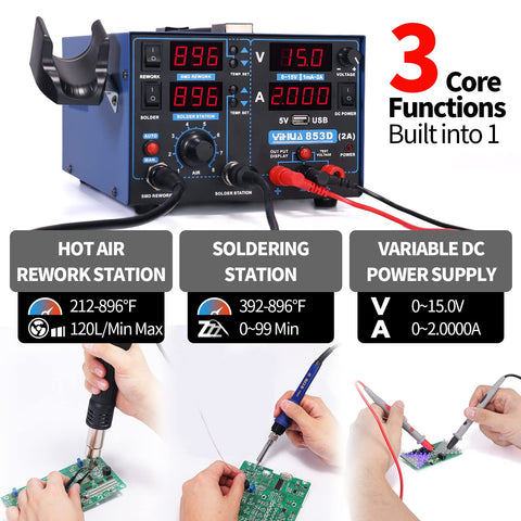 YIHUA 853D hot air rework with adjustable airflow.