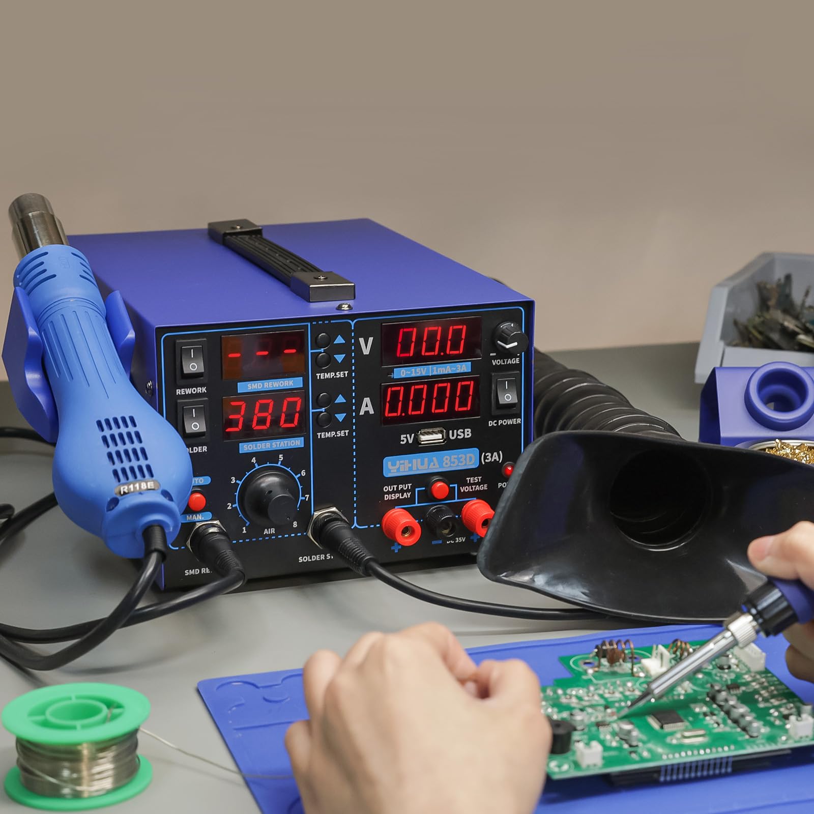YIHUA 853D auto-shutdown safety feature protecting the station and work