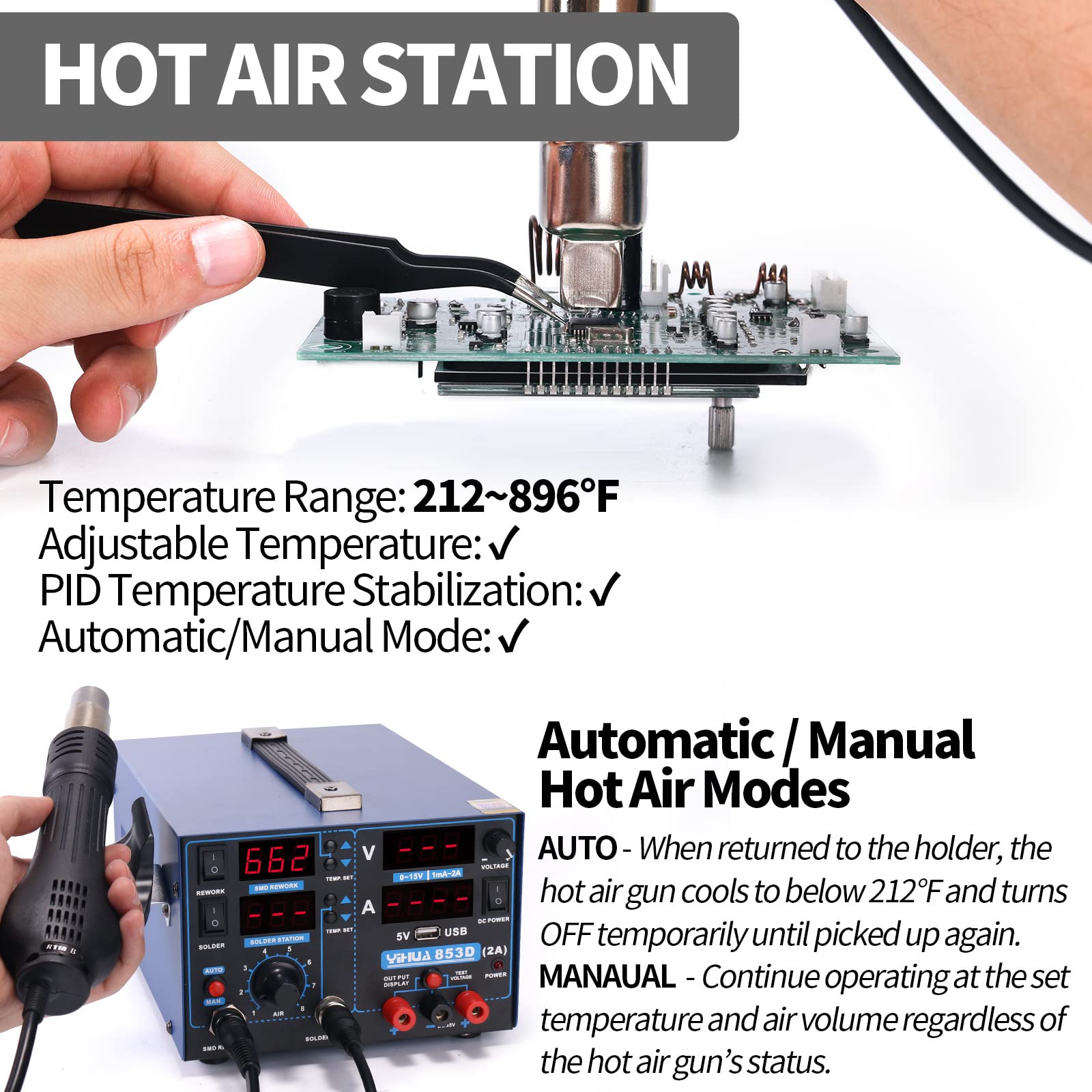 YIHUA 853D voltmeter display for quick checks.
