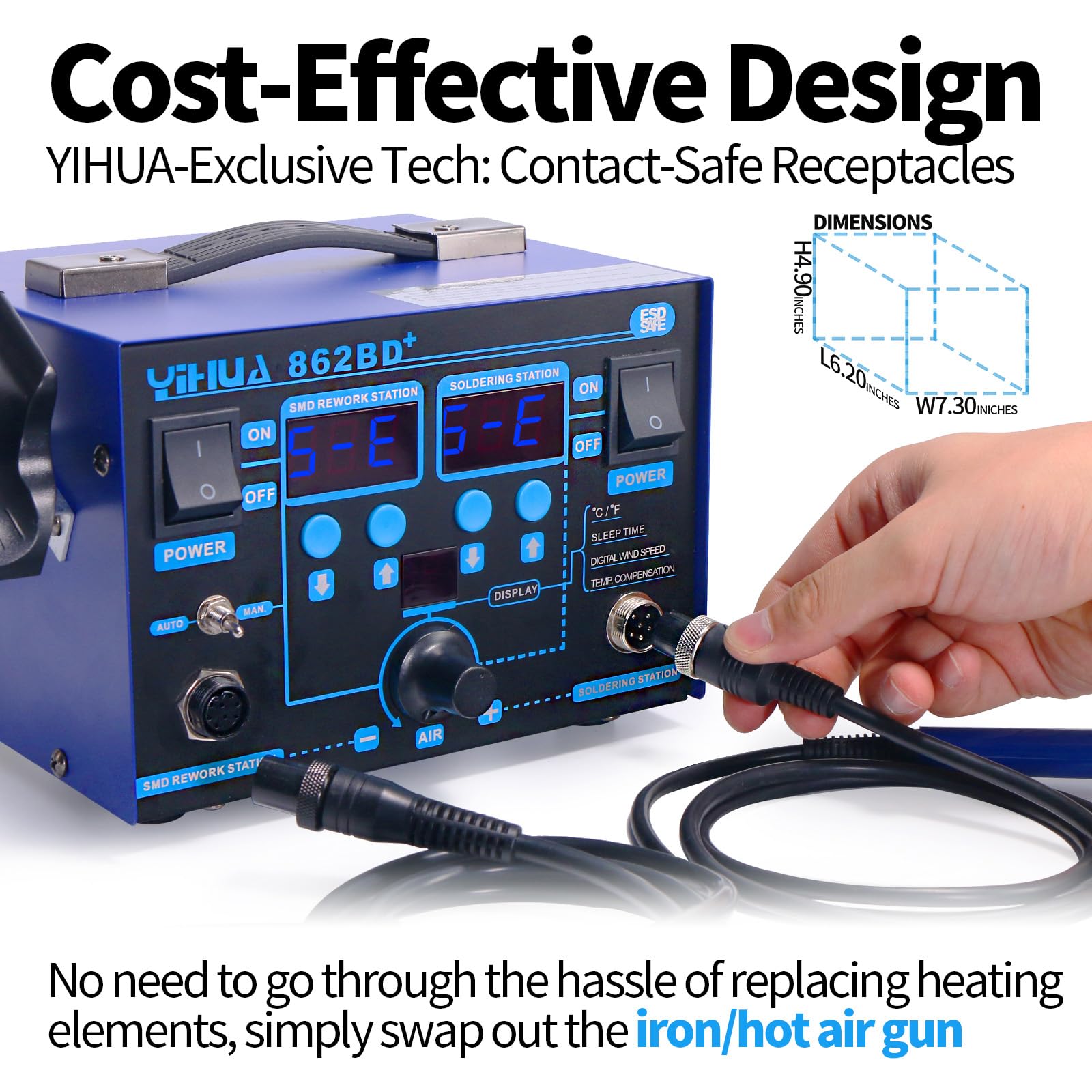 YIHUA 862BD+ dual displays showing current temperatures for soldering and hot air functions.