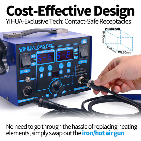 YIHUA 862BD+ dual displays showing current temperatures for soldering and hot air functions.