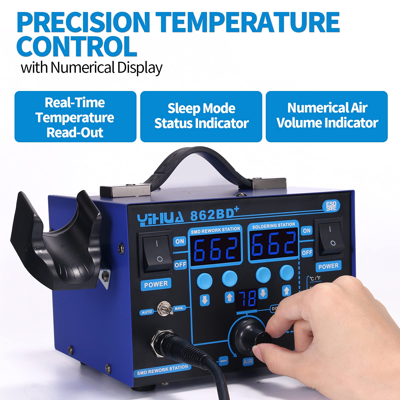 YIHUA 862BD+ hot air gun ready for rework tasks with versatile nozzle options.