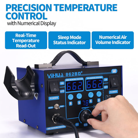 YIHUA 862BD+ hot air gun ready for rework tasks with versatile nozzle options.