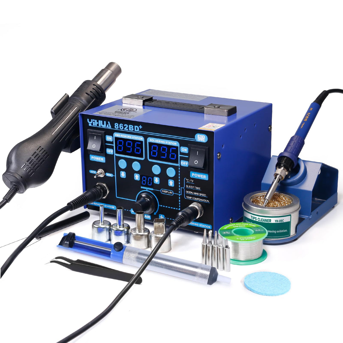 YIHUA 862BD+ soldering iron with digital display, offering precise temperature control for detailed work.