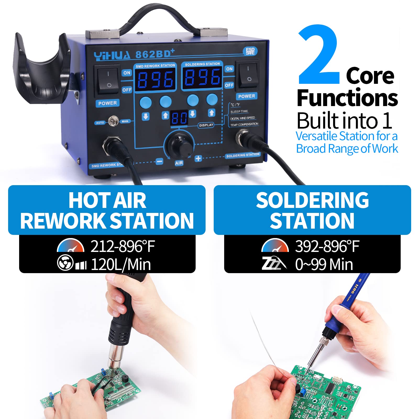 YIHUA 862BD+ collection of soldering tips for various joints and materials.