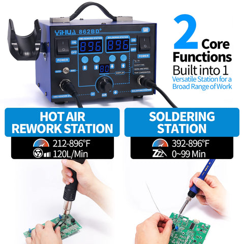 YIHUA 862BD+ collection of soldering tips for various joints and materials.