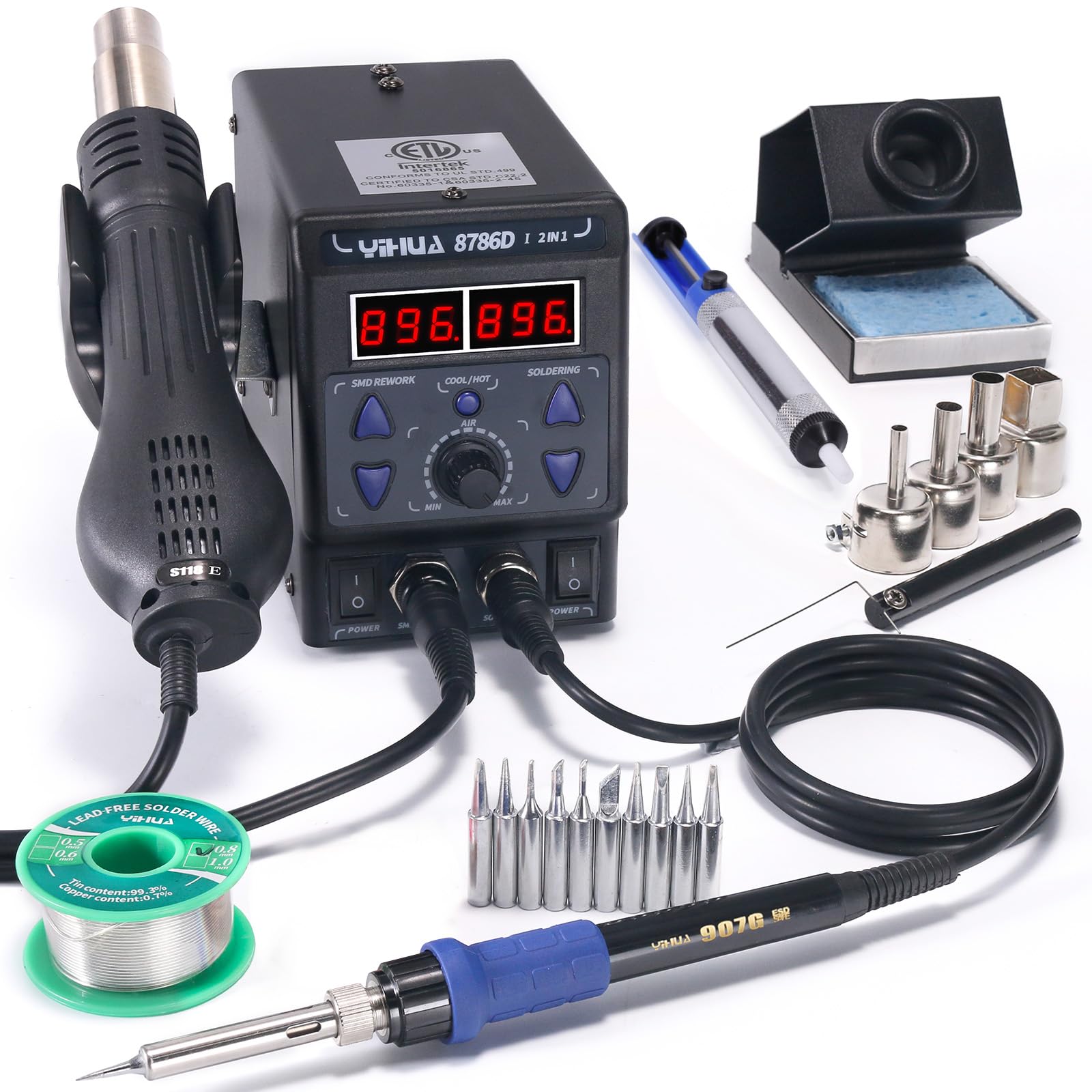 YIHUA 8786D dual soldering and hot air station for versatile electronics work.