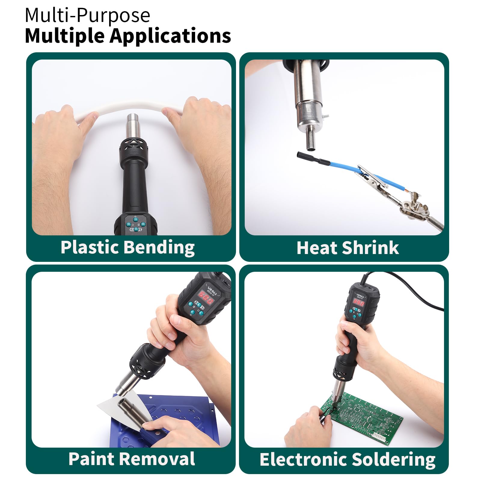 Shrink tubing tasks are eased with adjustable airflow control.