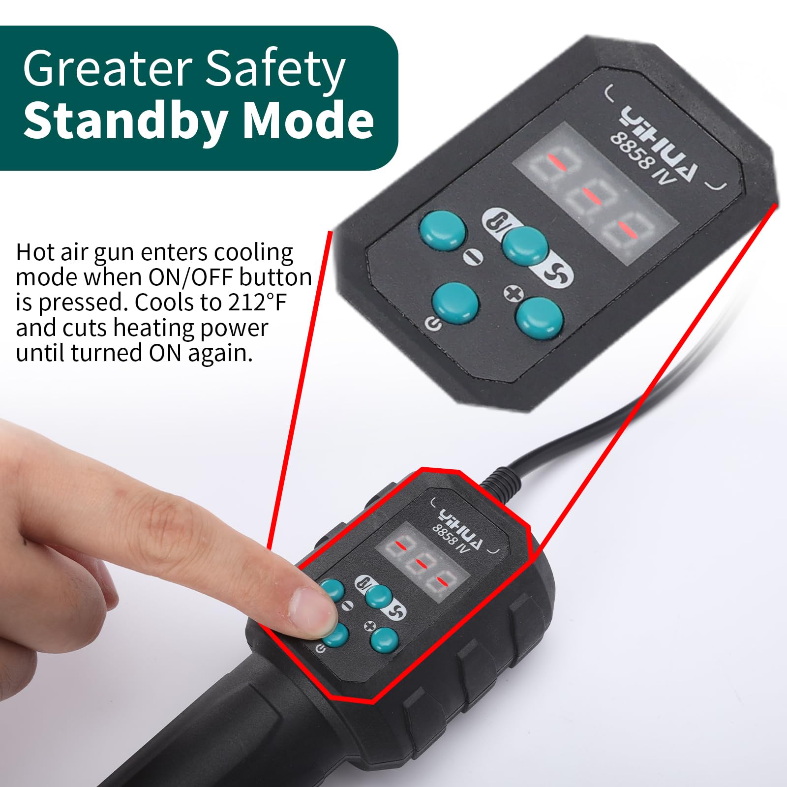 YIHUA 8858-IV standby mode cools to 212°F for quick pauses.
