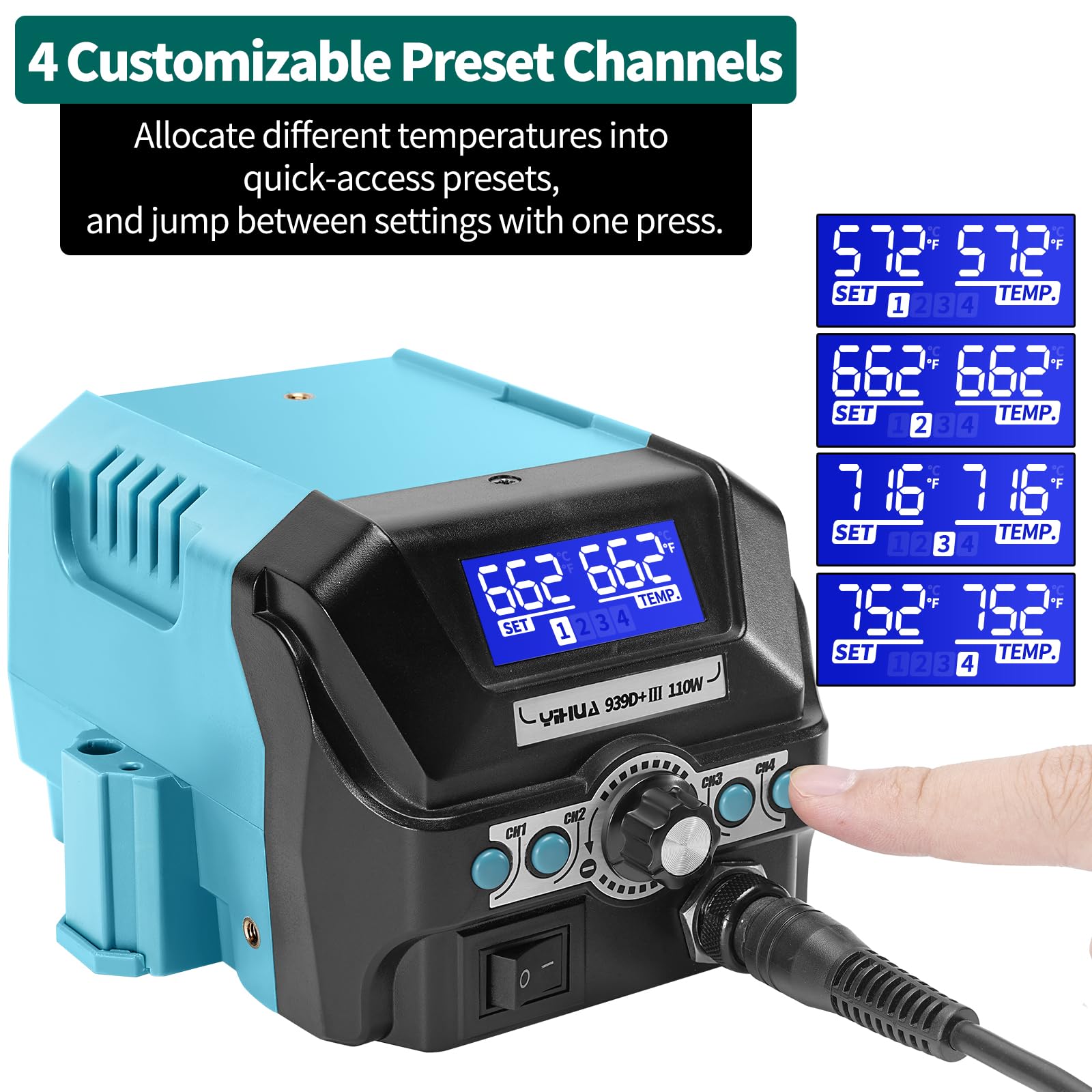 YIHUA 939D+ III EVO four memory channels store presets for different projects.