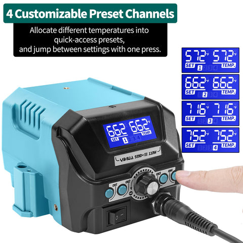 YIHUA 939D+ III EVO four memory channels store presets for different projects.