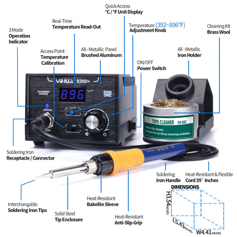 YIHUA 939D+ brushed aluminum control panel for durable, long-lasting soldering sessions.