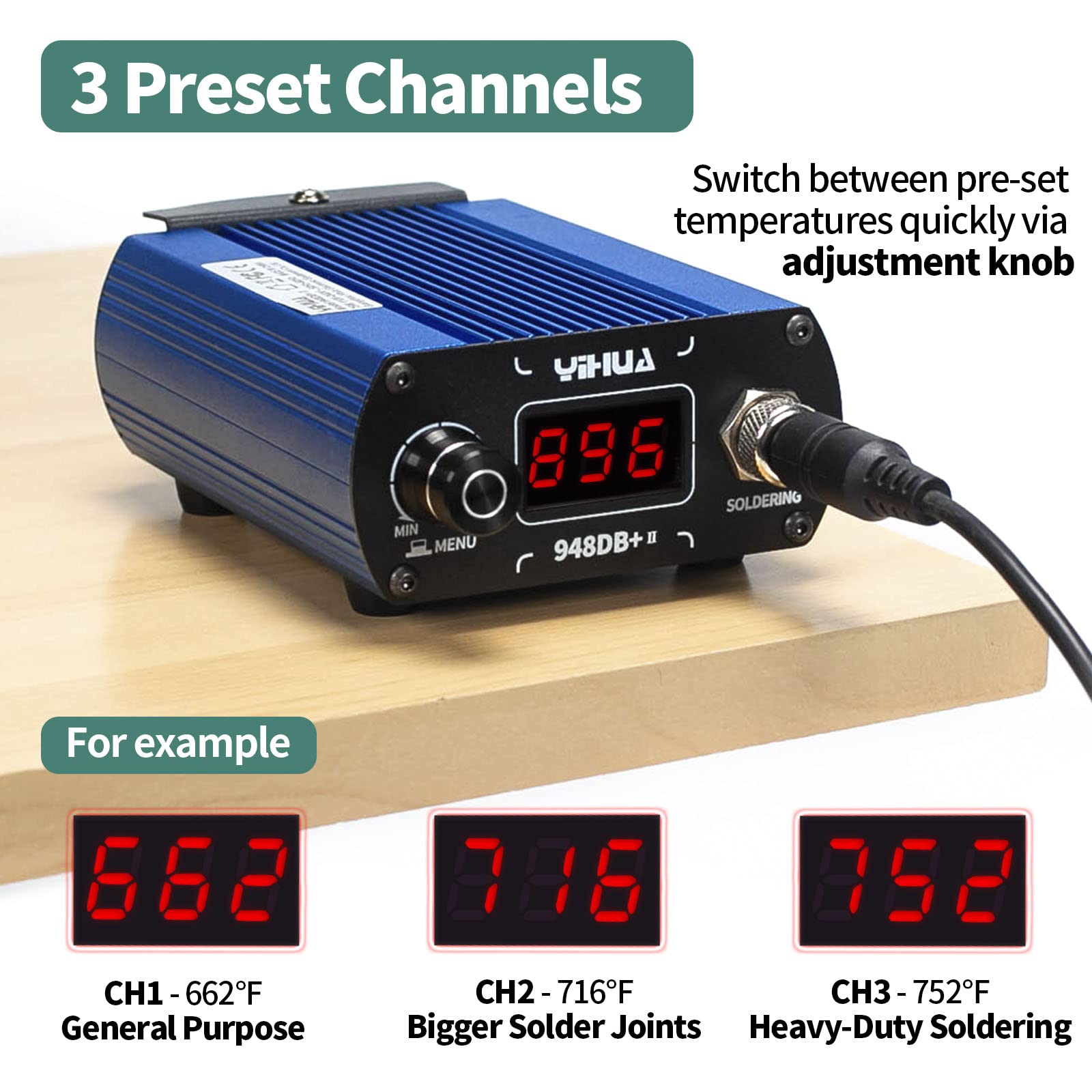 YIHUA 948DB+ II preset channels enable quick temperature changes.
