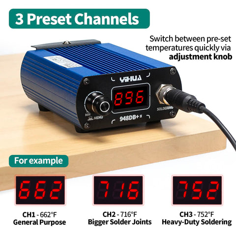 YIHUA 948DB+ II preset channels enable quick temperature changes.