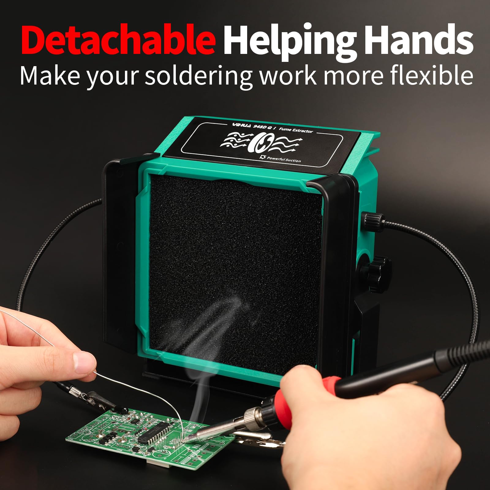 Side fenders reduce drafts and focus fumes toward the filters
