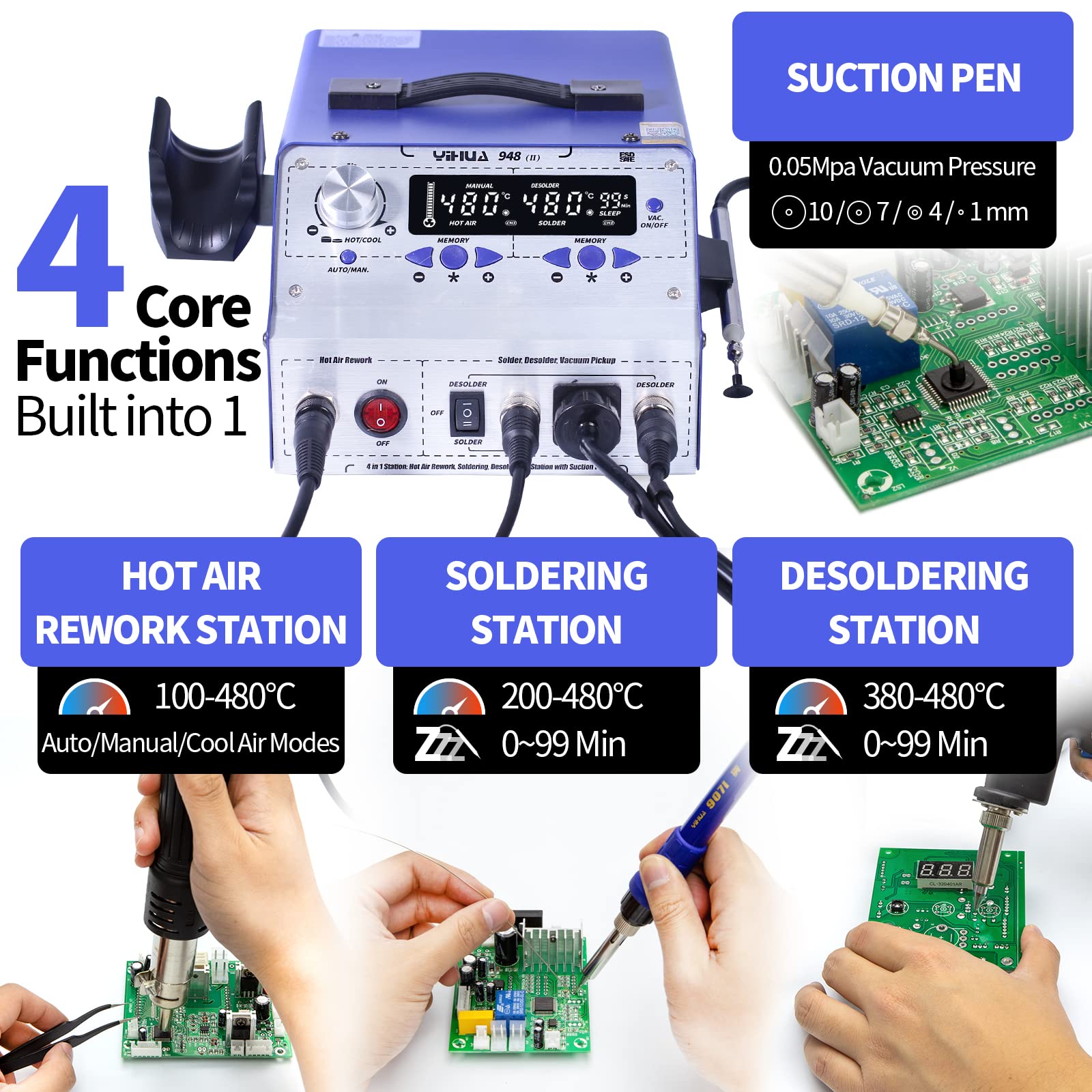 YIHUA 948-II desoldering suction enables clean component removal during repairs.