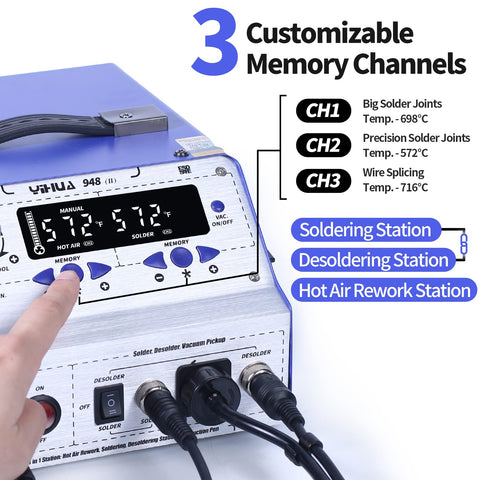 YIHUA 948-II hot air gun accelerates rework while protecting delicate traces.