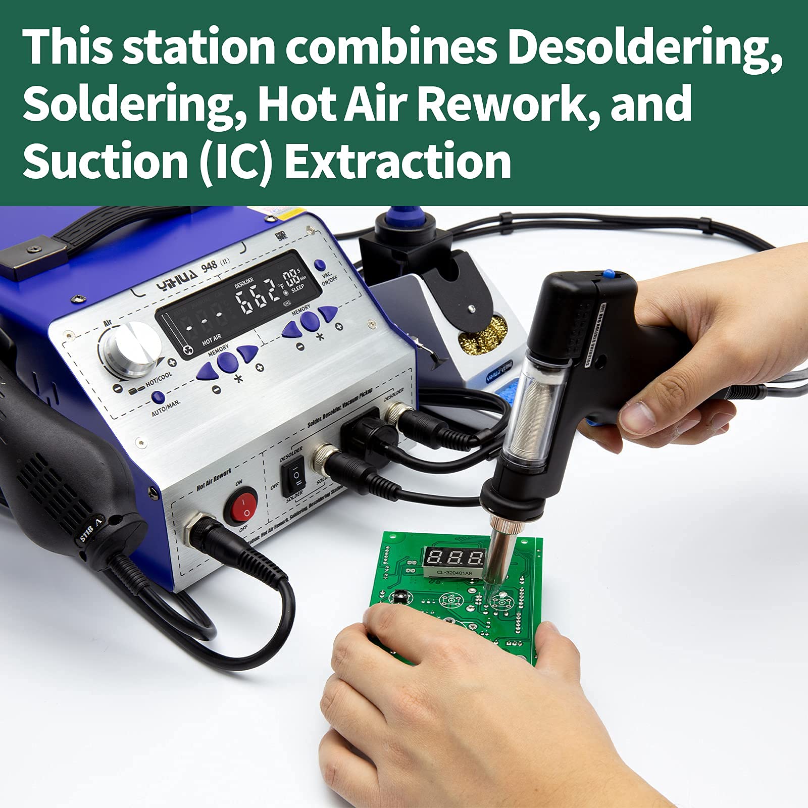 YIHUA 948-II soldering iron provides precise, steady connections for SMD work.
