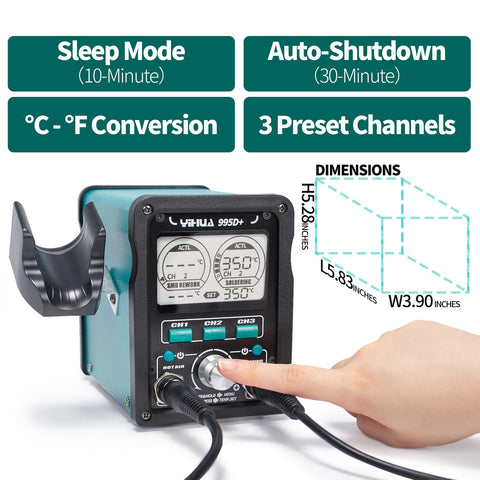 YIHUA 995D+ EVO hot air gun in action for desoldering and rework.