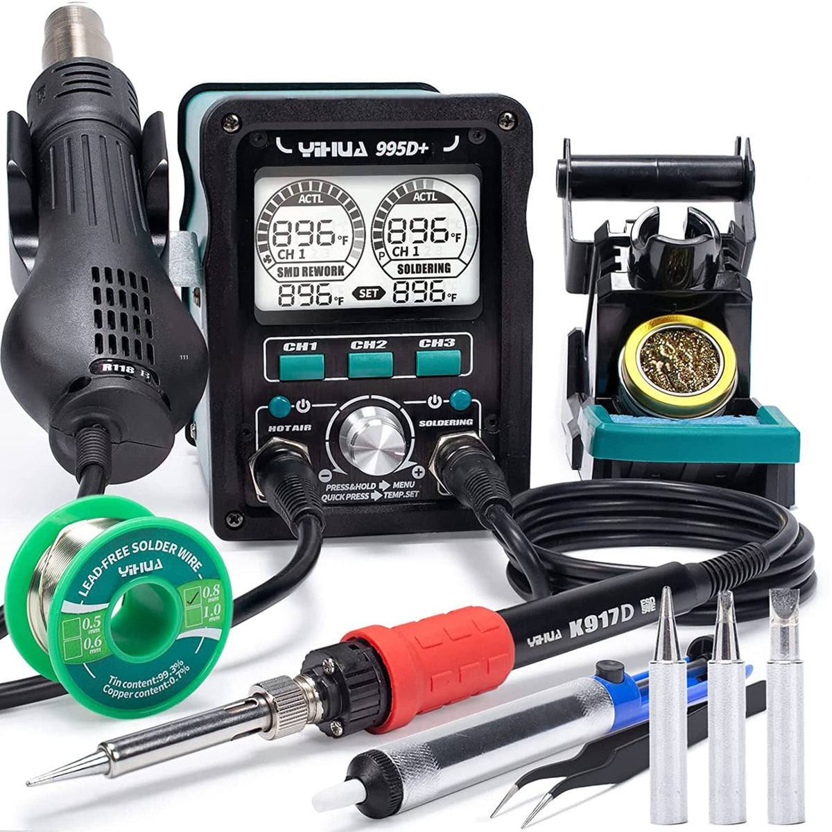 YIHUA 995D+ EVO main station with soldering and hot air controls for versatile electronics work.