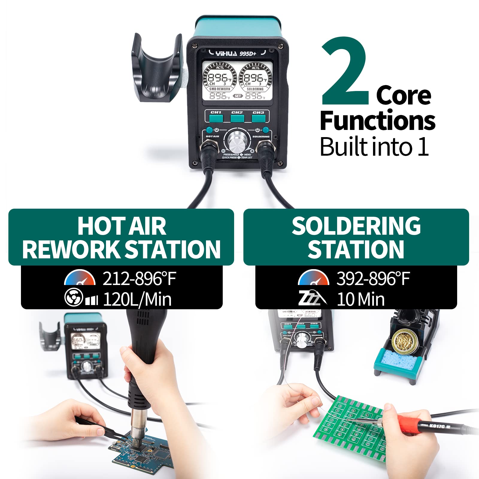 YIHUA 995D+ EVO soldering iron shown for precise component attachment and rework.