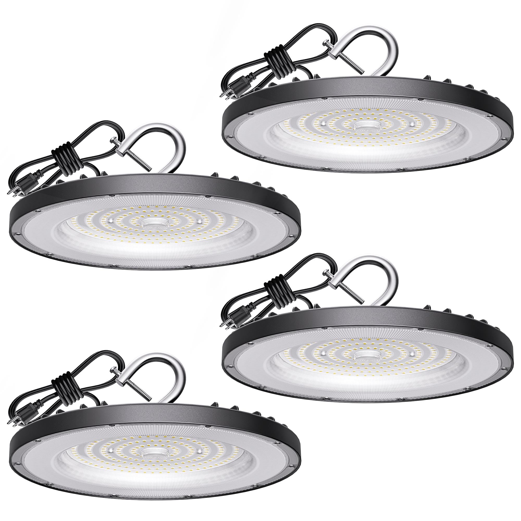 Yihuven four-pack UFO high bay lights ready for installation, energy-efficient warehouse lighting