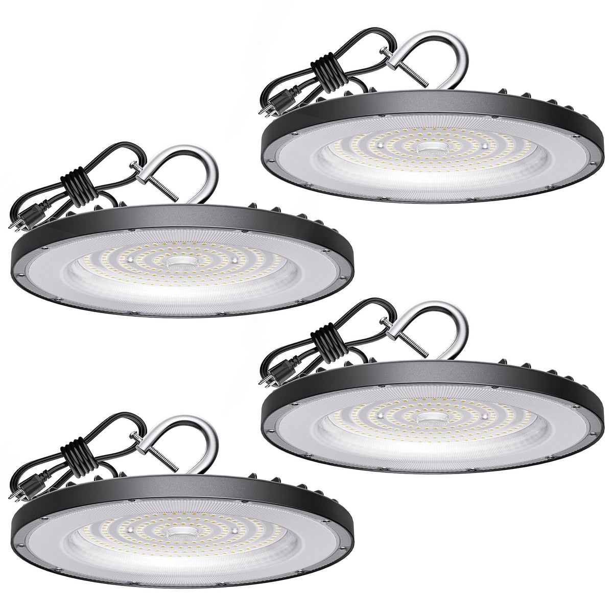 Yihuven four-pack UFO high bay lights ready for installation, energy-efficient warehouse lighting