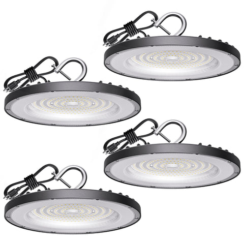 Yihuven four-pack UFO high bay lights ready for installation, energy-efficient warehouse lighting