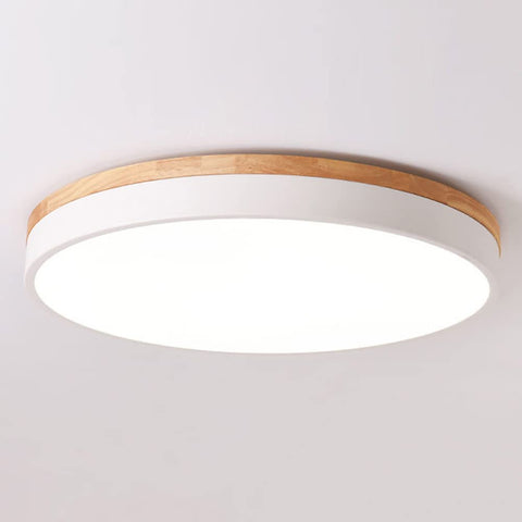 Yiisem dimmable wood LED flush mount ceiling light closeup showing warm diffuser glow