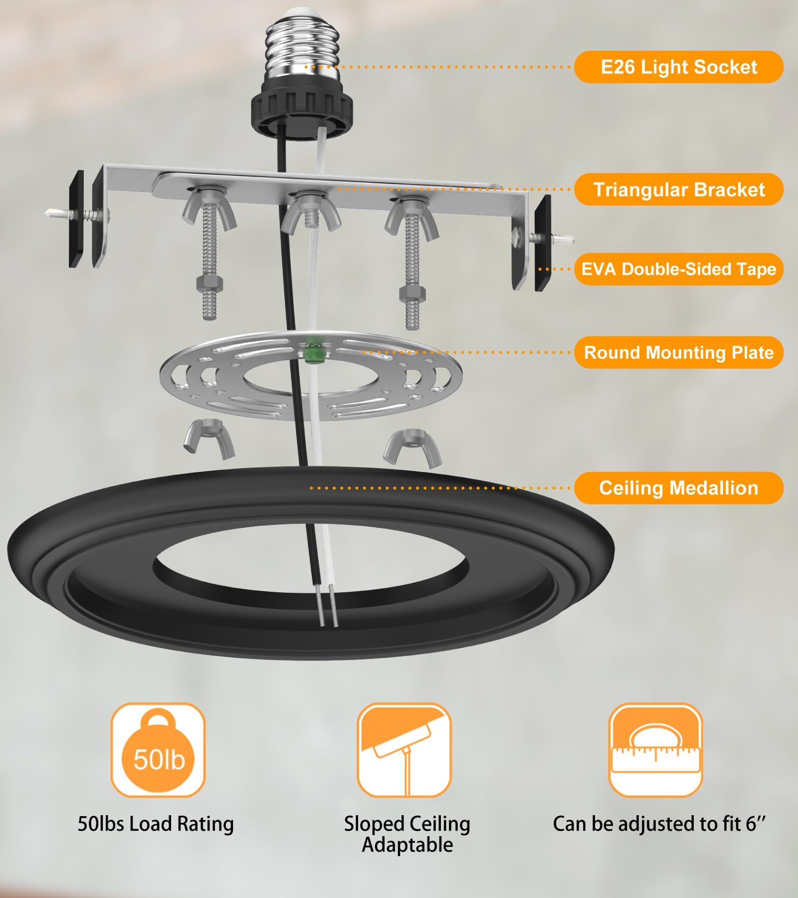 YIIZON heavy-duty bracket and screws support pendant fixtures up to 50 lbs