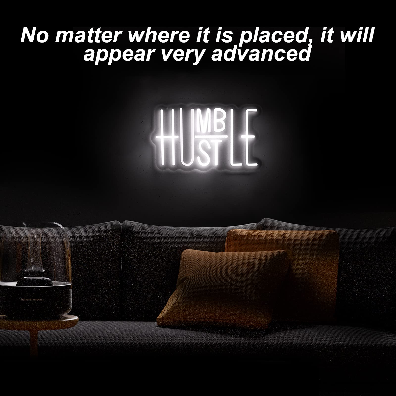 Bedroom decor using the Hustle sign with a soft, inviting glow.