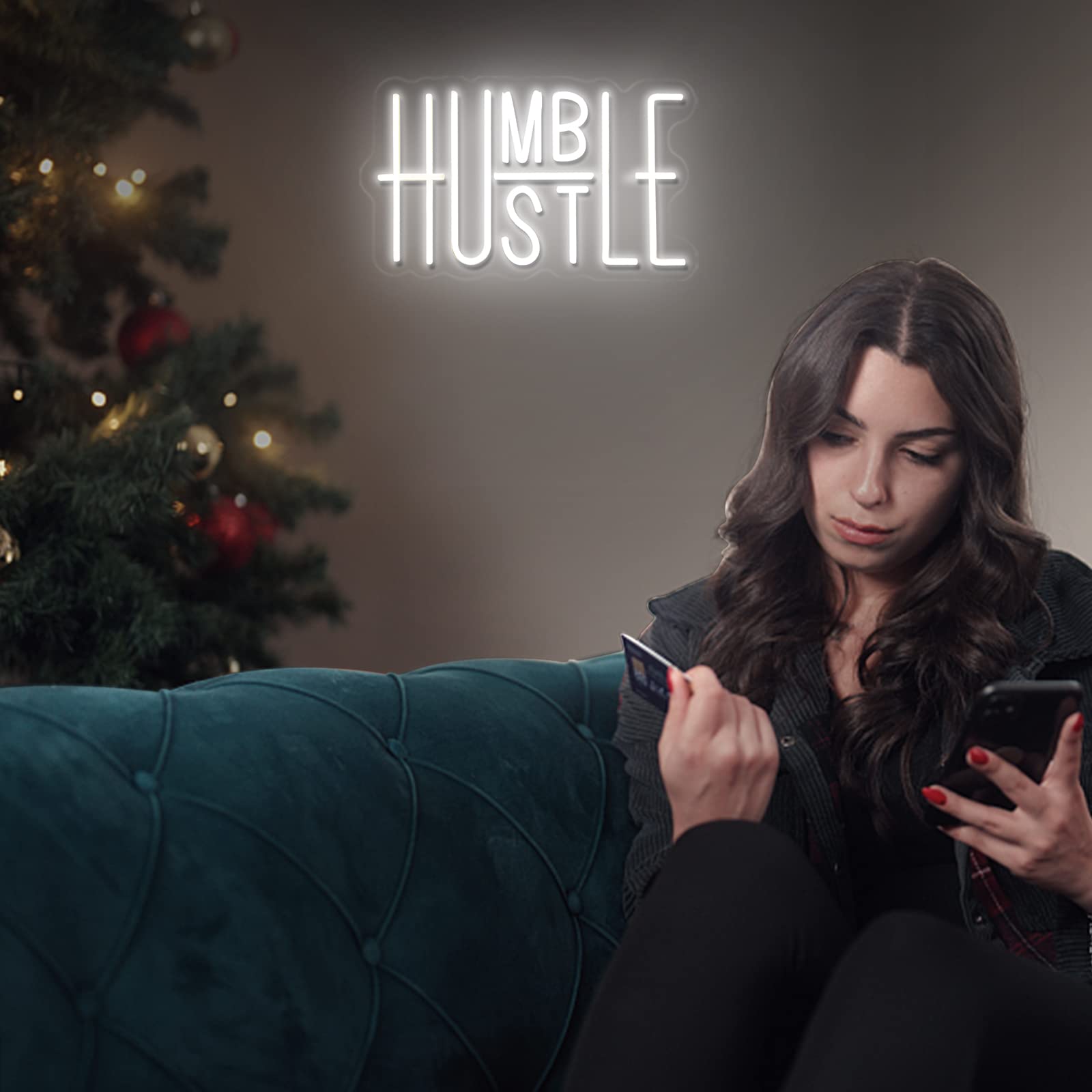 Office decor backdrop featuring the Hustle neon for a focused vibe.