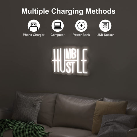 USB-powered Hustle neon sign with on/off switch and adjustable brightness.