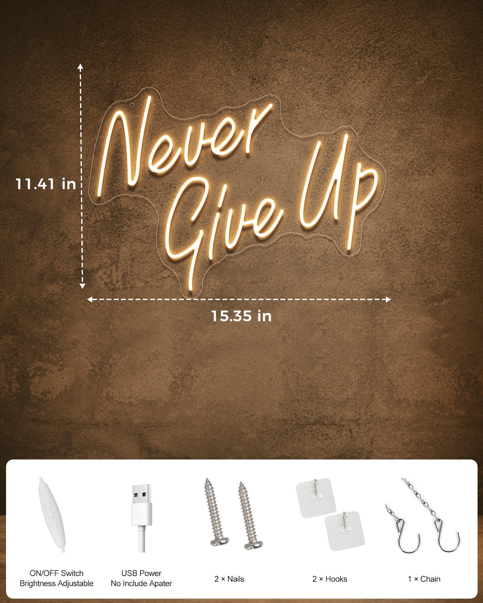 YIKBIK Never Give Up neon close-up shows durable acrylic LED construction.