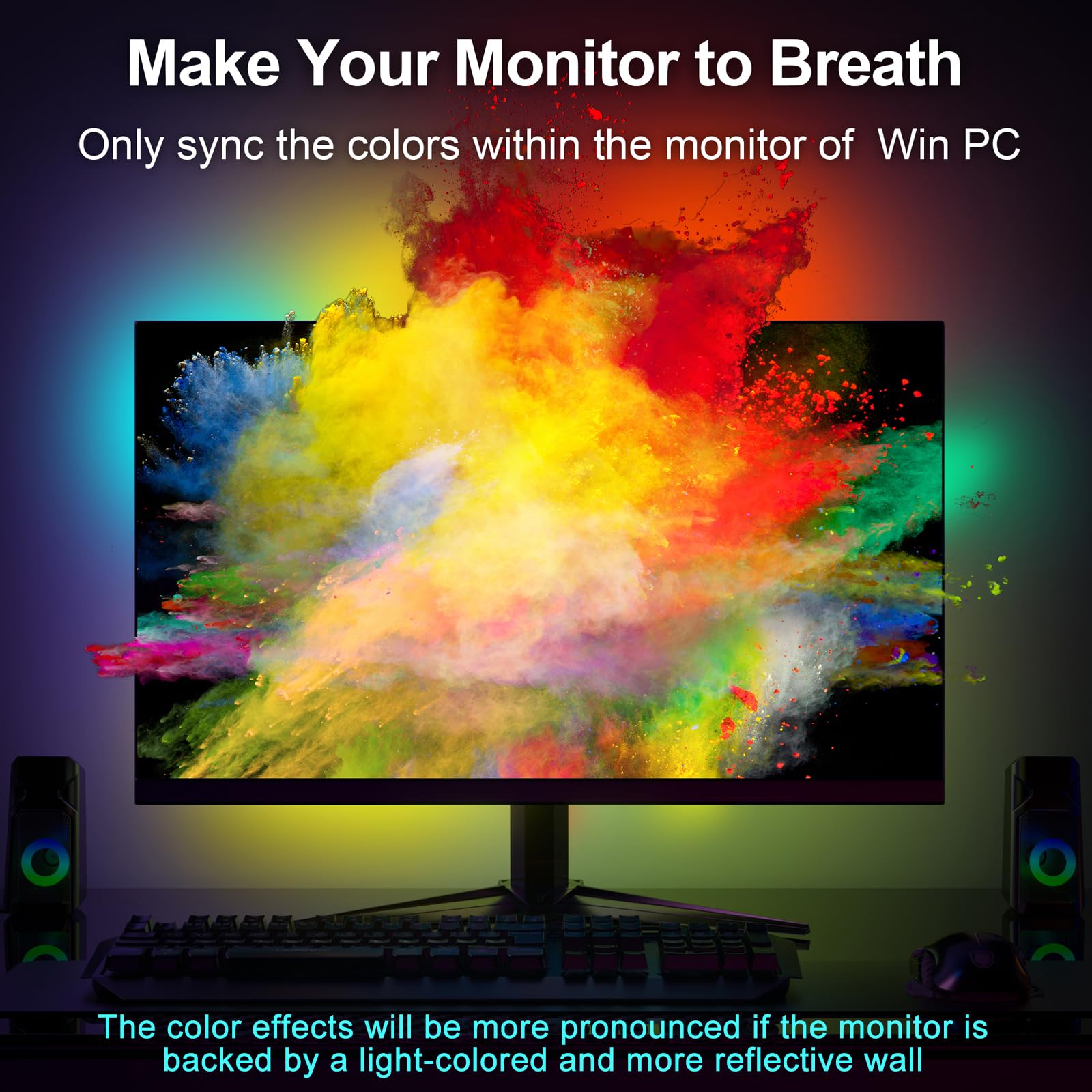 YIKEMJERP LED strip attached to monitor edges enables seamless setup and mood lighting