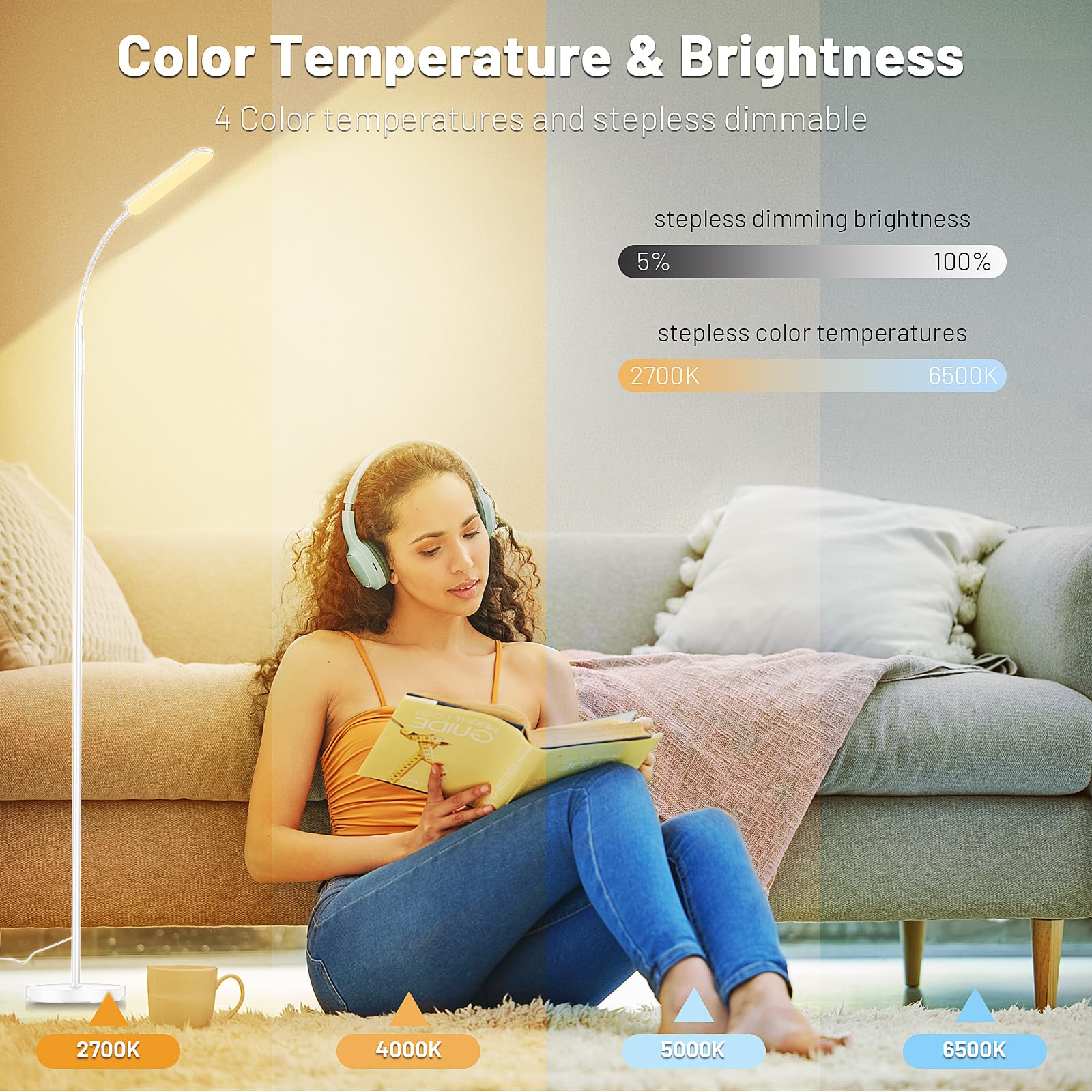 Yikuneng floor lamp color temperature control helps set warm to cool light.