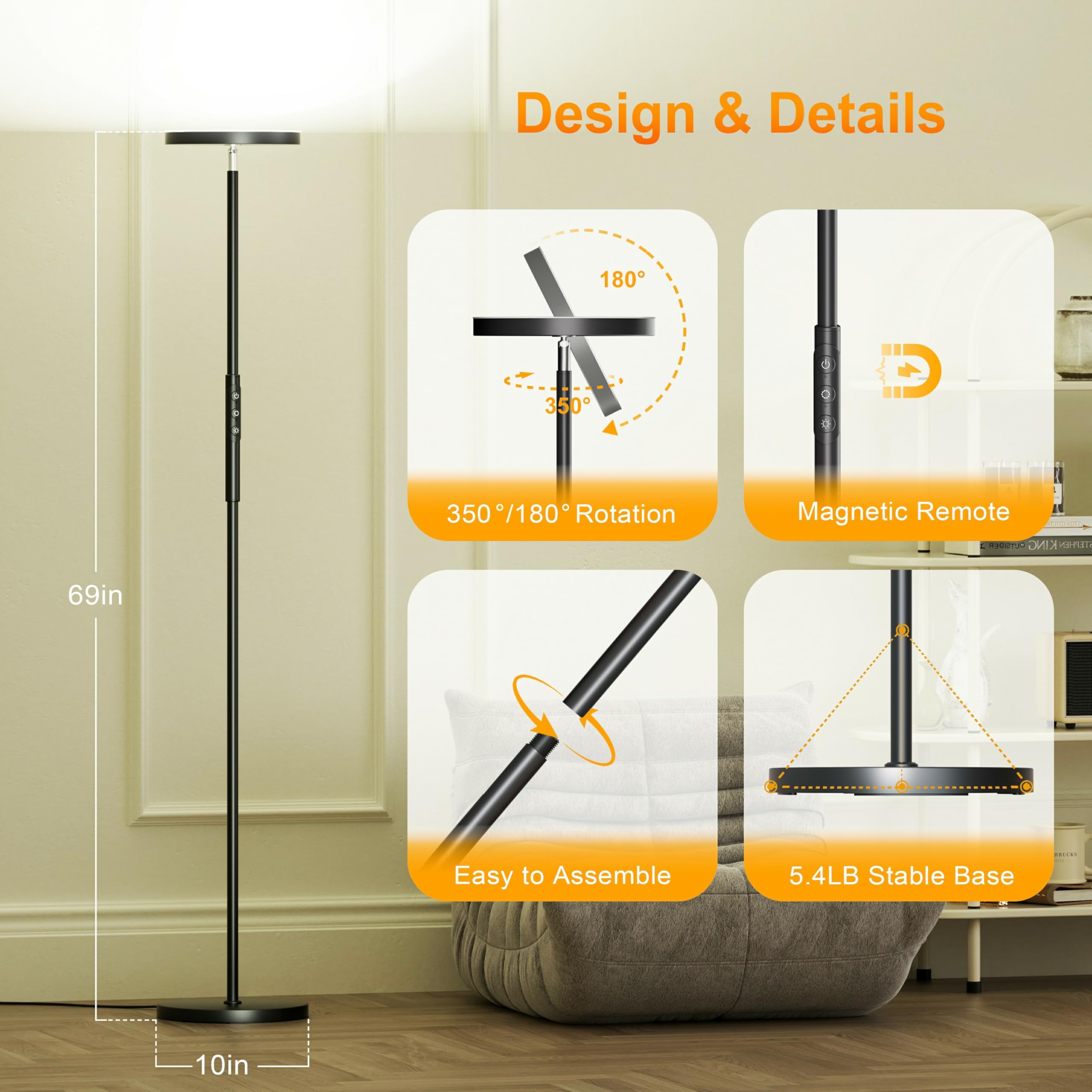 Yikuneng RGB Torchiere lamp 69-inch tall design fits corners neatly