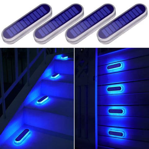 YiLaie blue solar dock lights four-pack installed on a dock for safe nighttime navigation.