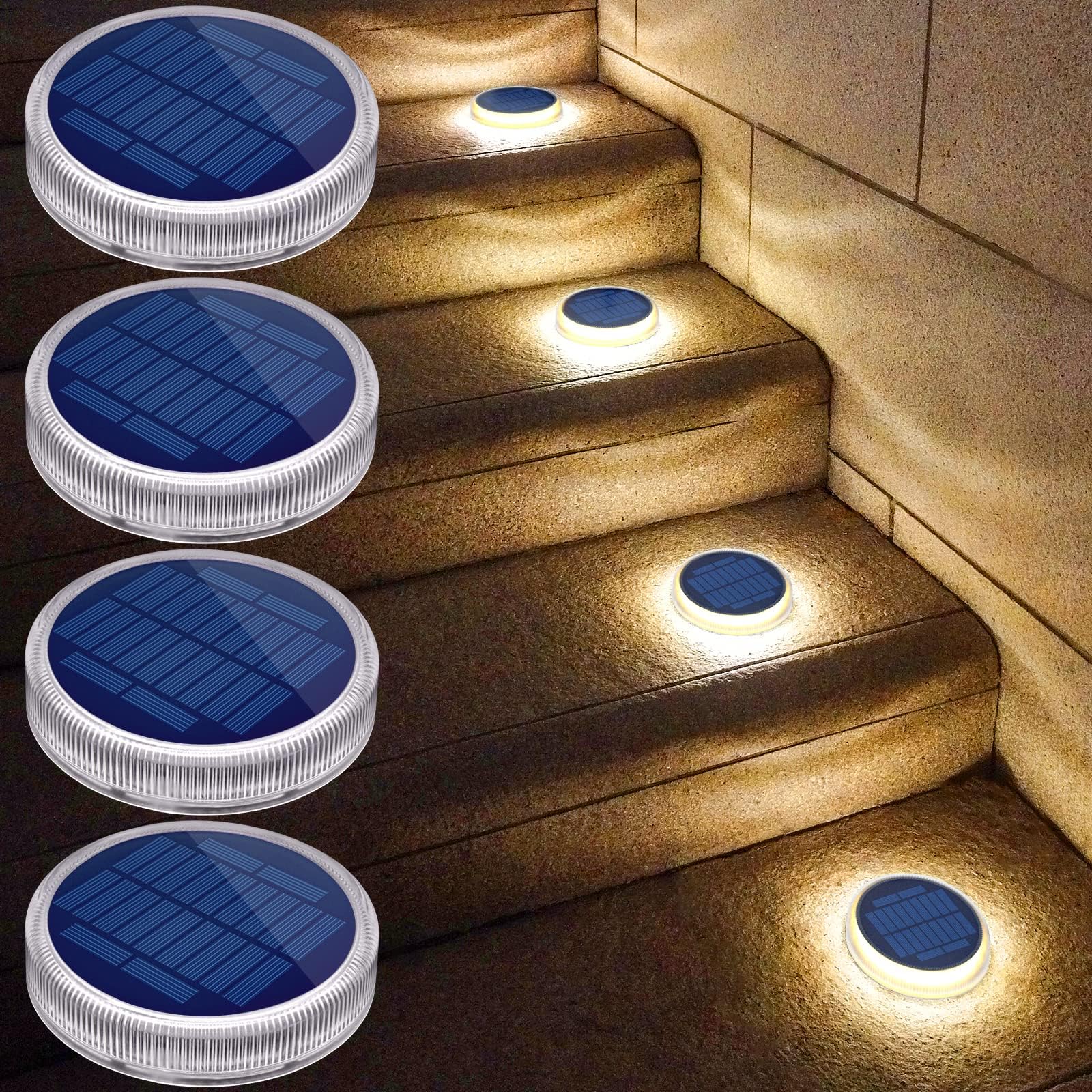 YiLaie LED solar deck light round stick-on illuminates decks at night for safe ambience.