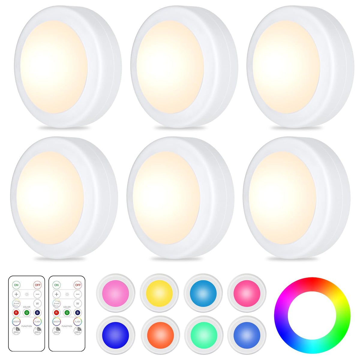 Yiliaw LED puck lights with remote for easy color and brightness control.