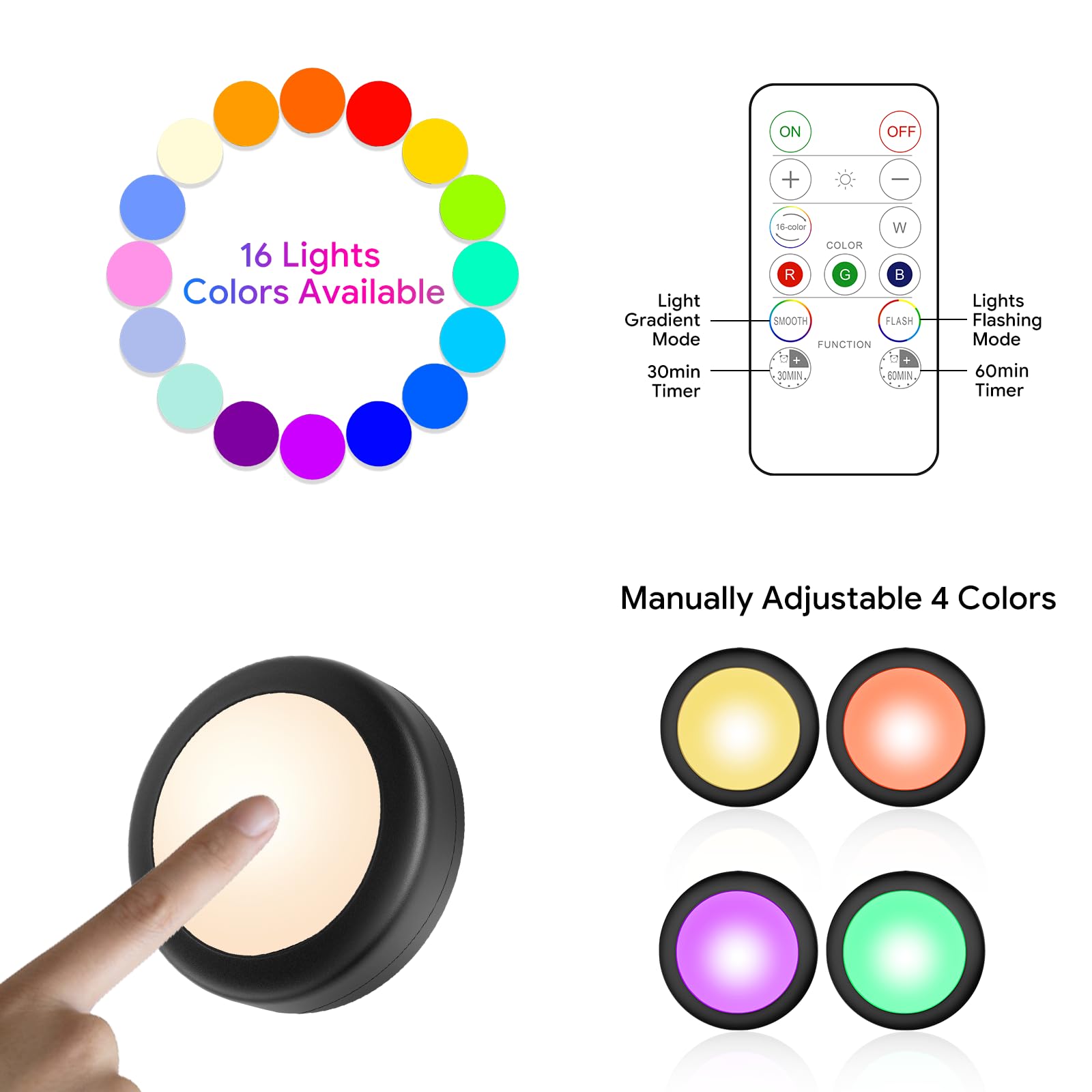 Yiliaw easy-install puck lights with 3M adhesive pads.