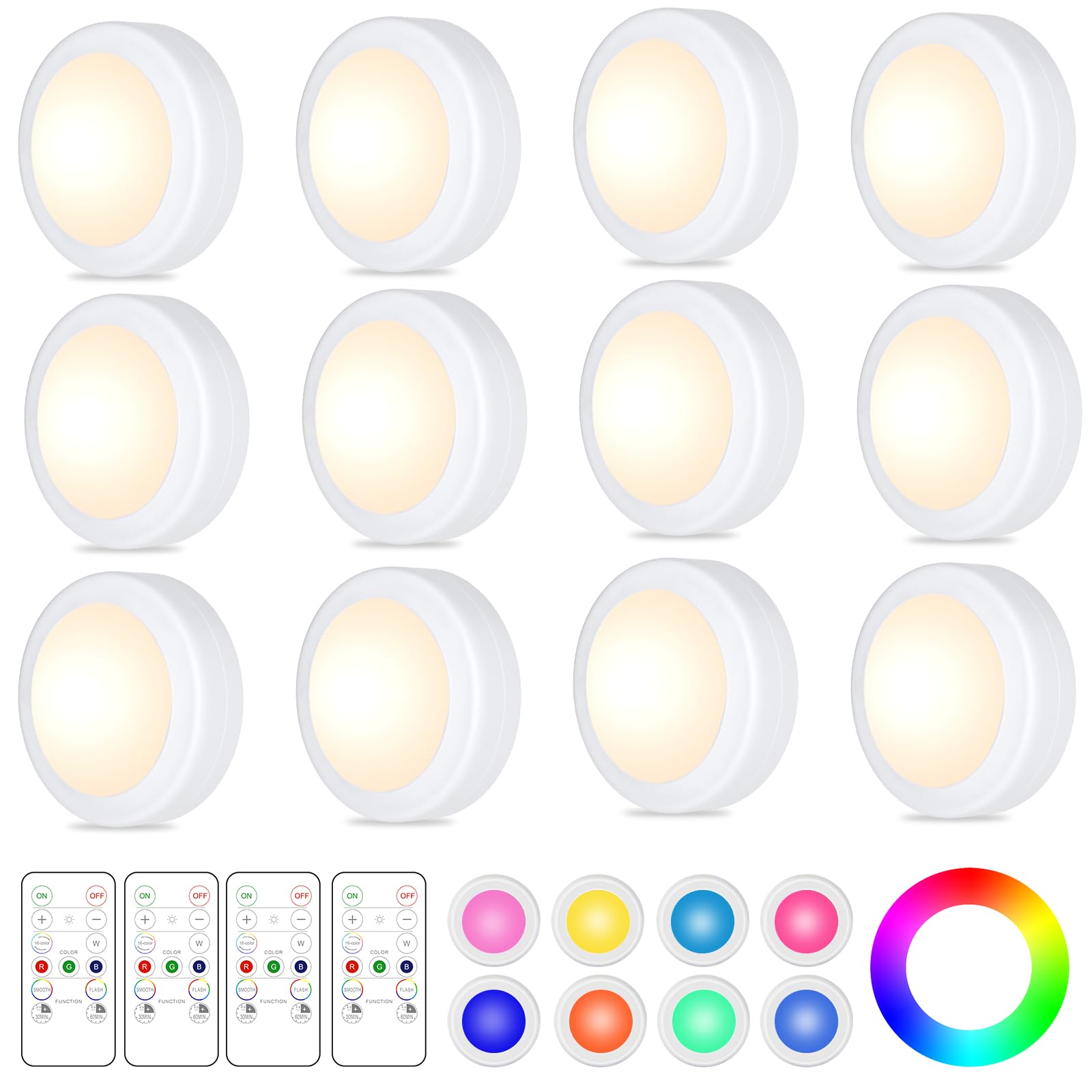 Yiliaw LED puck lights 12-pack ready for quick installation on cabinets
