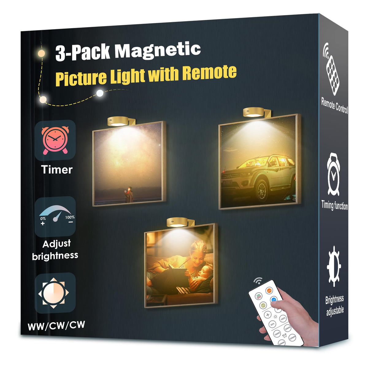 Yimaxps 3-pack picture light gold front view highlights frame glow