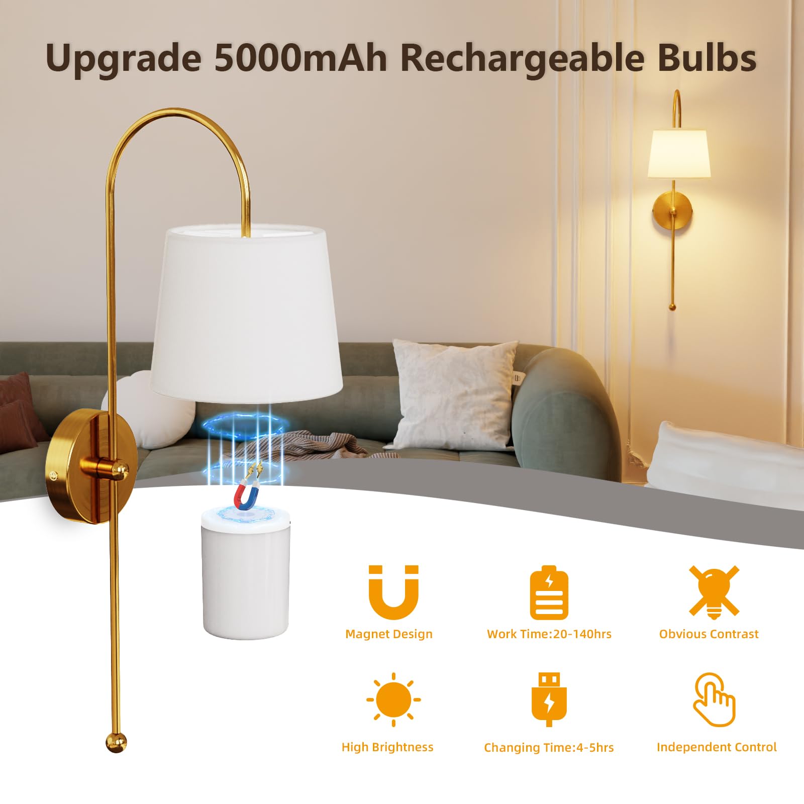 Yinglap USB-C charging keeps your cordless sconces ready with fast top-ups.
