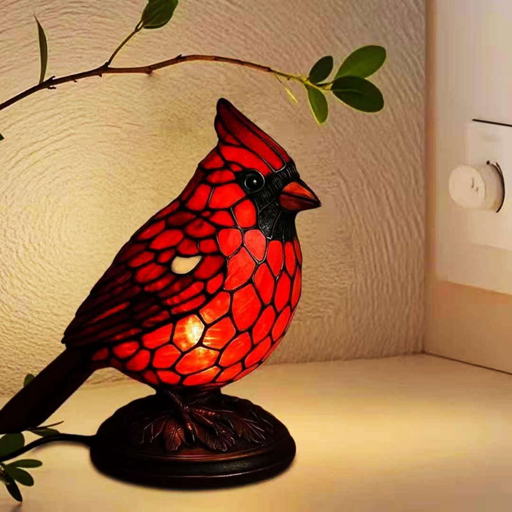 Yinhamnl Resin bird lamp as an accent on living room shelves.