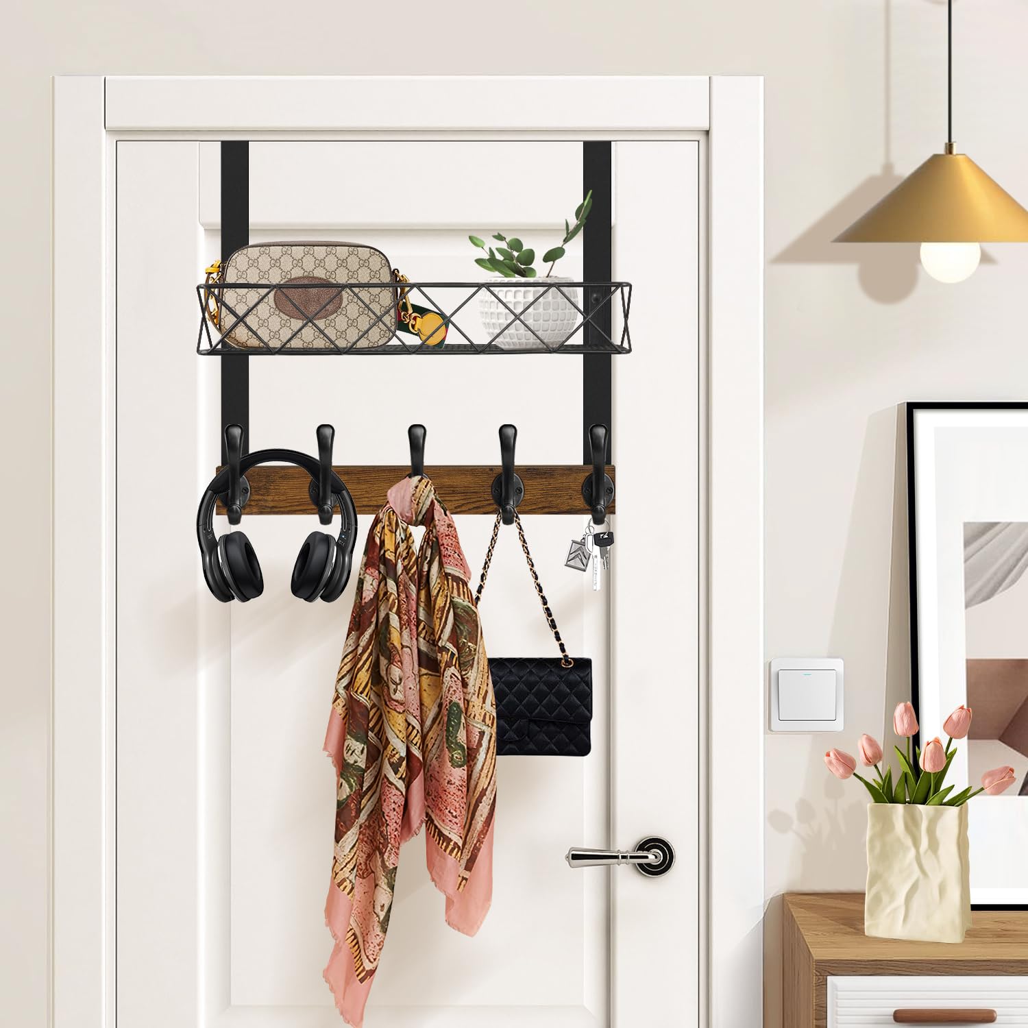 YINMIT dual-row hooks with basket for organized coats, towels, and everyday items.