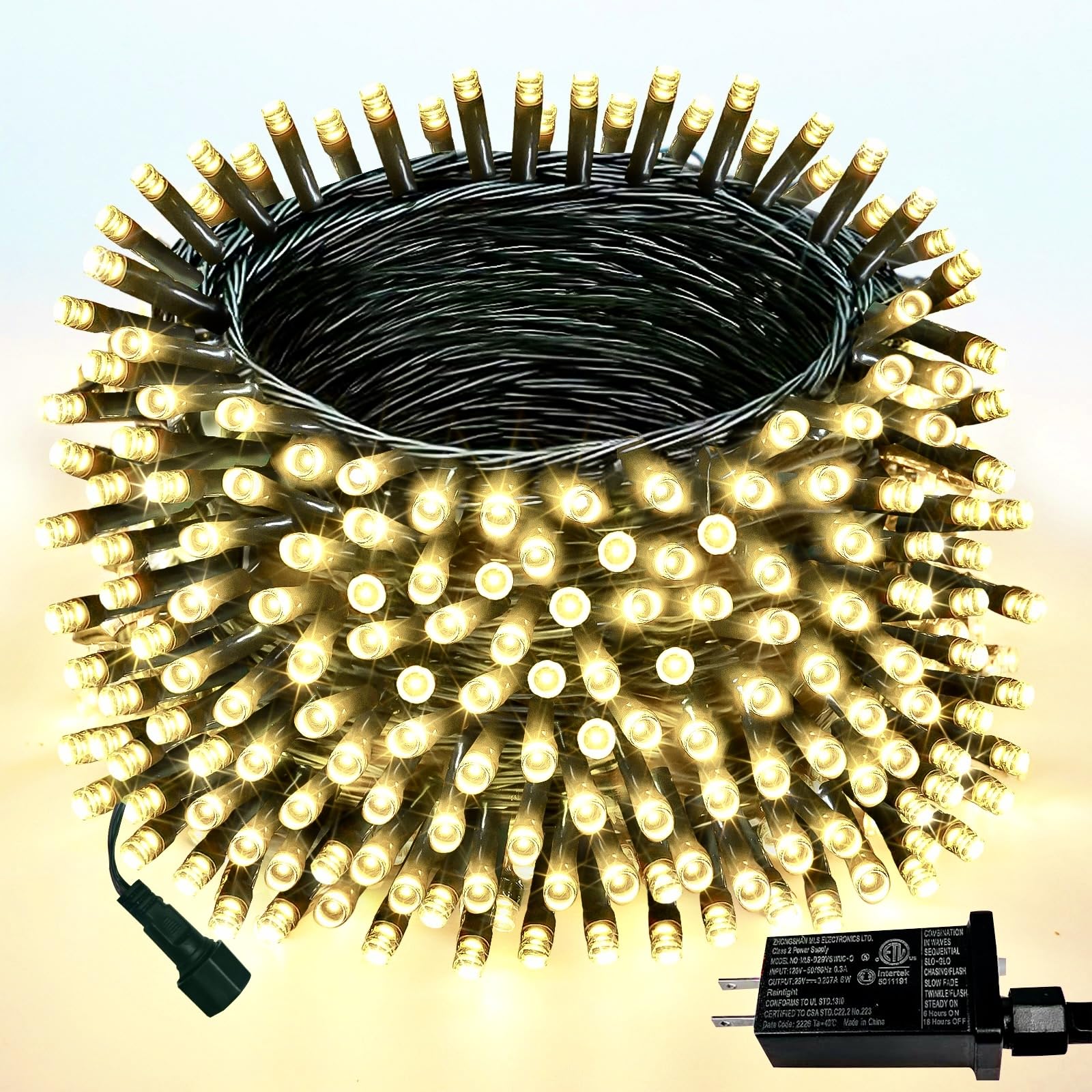 YIQU warm white 200-LED string lights on green wire for cozy outdoor ambiance.