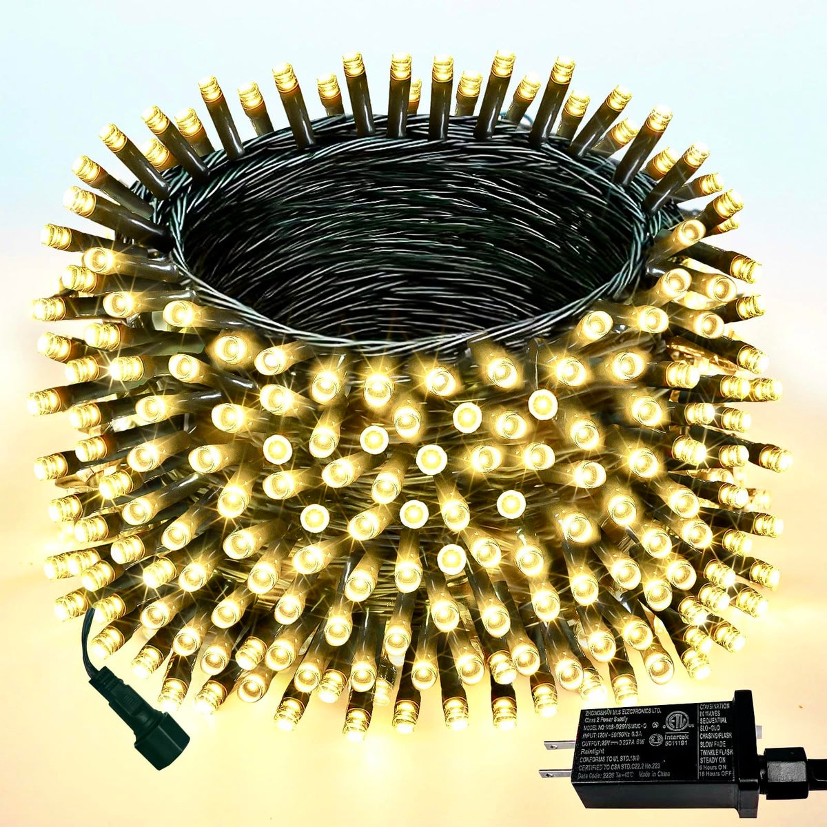 YIQU warm white 200-LED string lights on green wire for cozy outdoor ambiance.